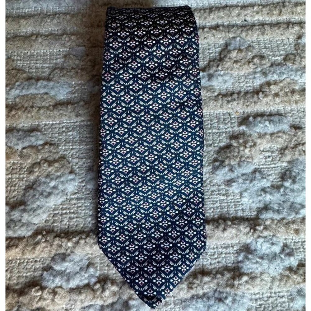 Christian Dior Silk Neck Tie Navy Pink Tan Geometric Made USA Woven Italy